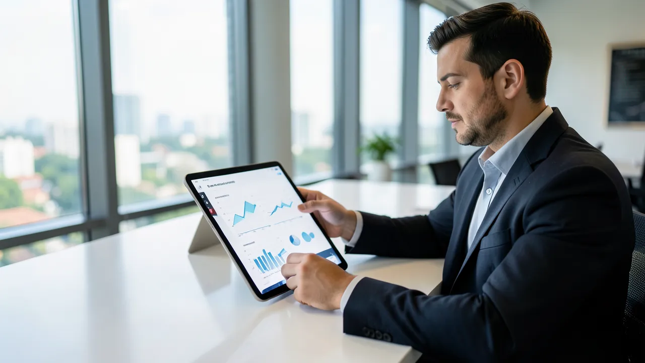 Eine sachliche Szene: Eine konzentrierte Person sitzt an einem modernen Schreibtisch und betrachtet auf einem Tablet übersichtliche Diagramme, mit natürlichem Licht und unscharfem Hintergrund im Büro.